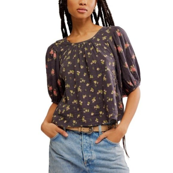 Free People Chloe Printed Top Washed Black Floral - SZ  XS - NWT - Picture 1 of 11